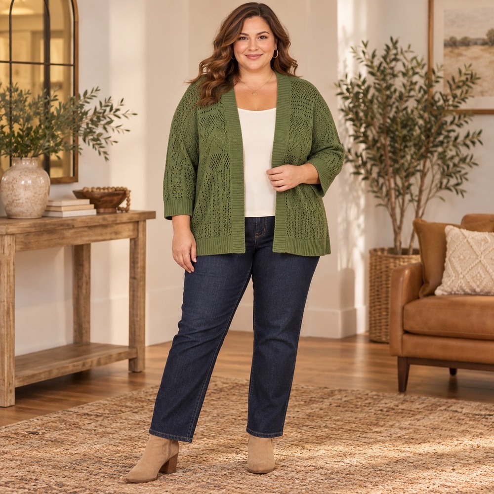 Lane Bryant Olive Green Pointelle Crochet Open Front Cardigan Plus Size22/24 NWT